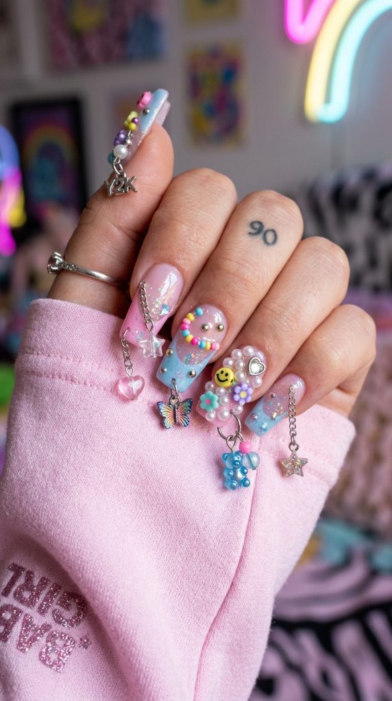 Y2K nails with tiny dangling charms and beads