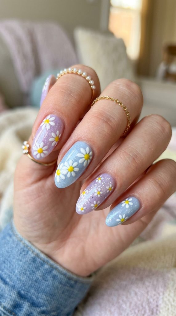 Y2K daisy nails with white flowers on pastel