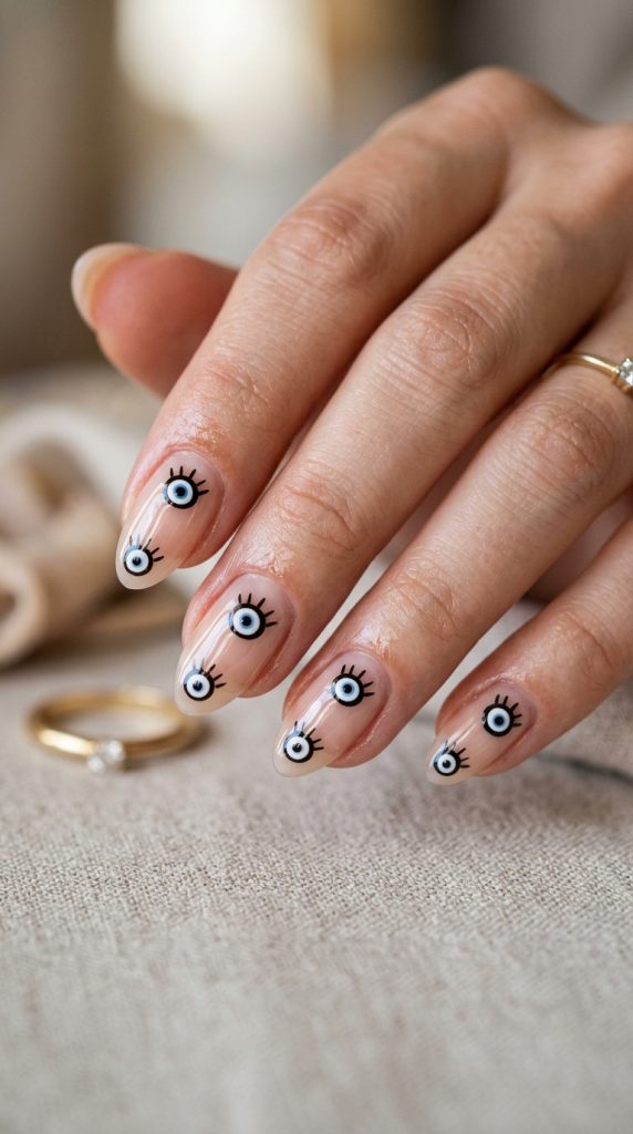 Nails with blue and white evil eye motifs