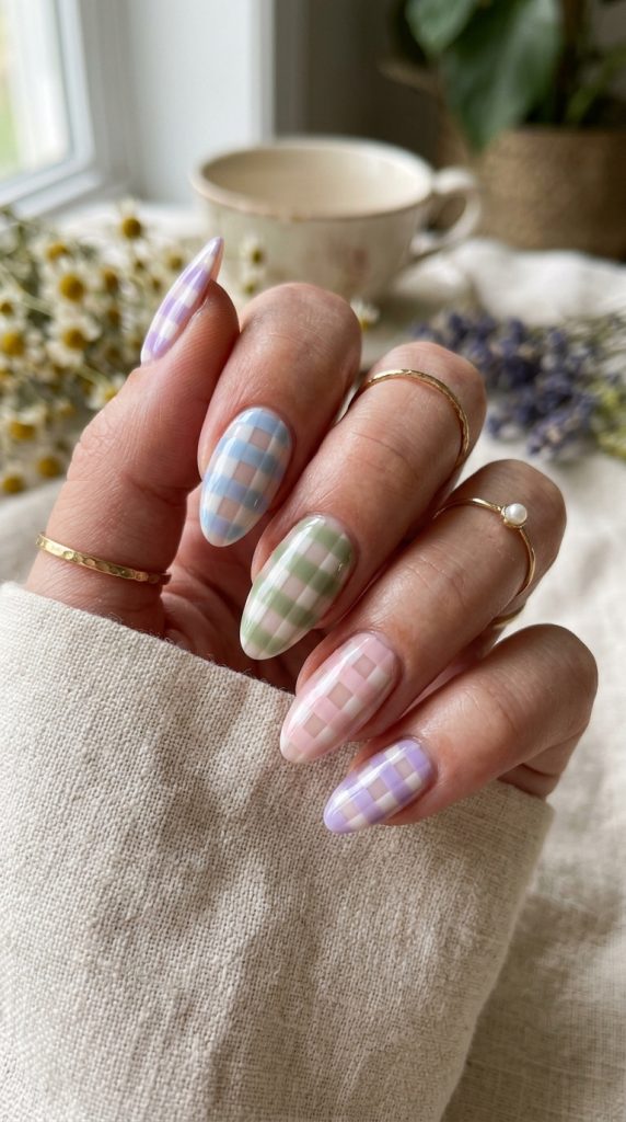 Gingham nails with a soft pastel checked pattern