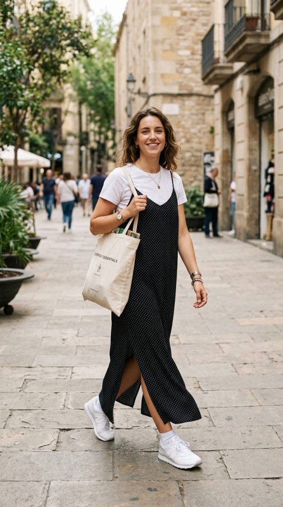 Casual t-shirt maxi dress with trainers and a tote