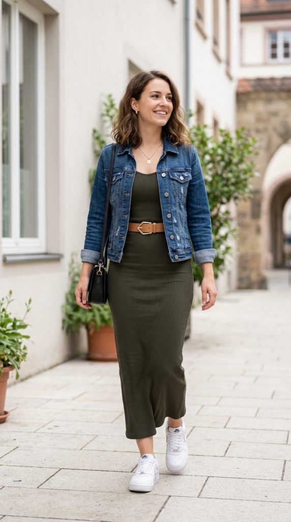 Ribbed knit tank maxi dress with a denim jacket