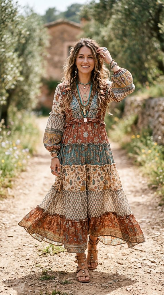 Flowing tiered boho maxi dress