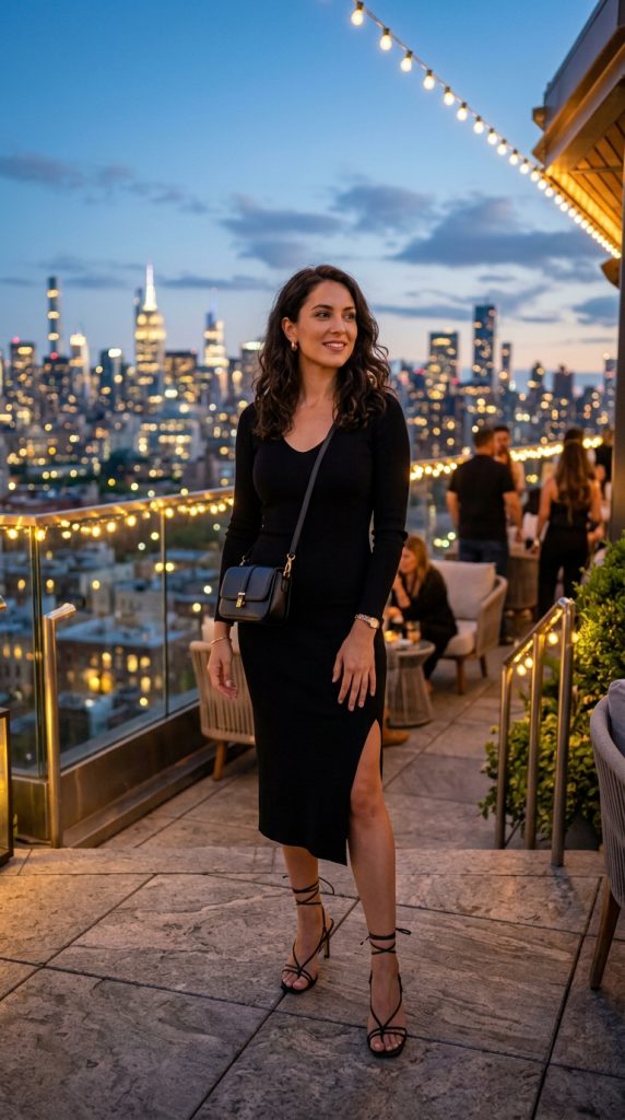 Black midi dress with a side slit for dinner