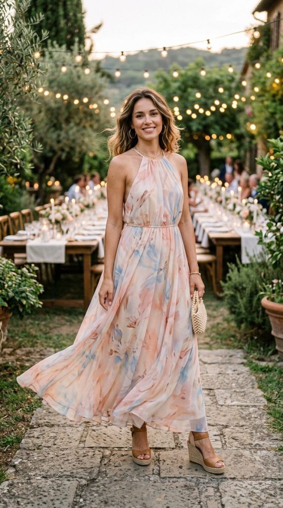 Flowing halter maxi dress for a summer evening