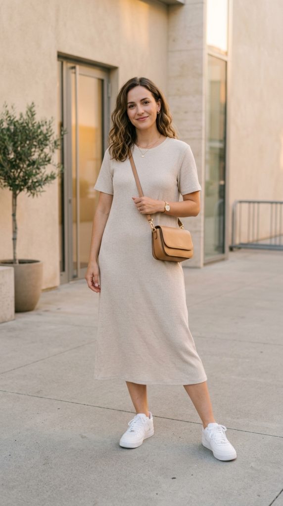 Lightweight knit dress with white sneakers