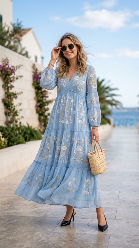 Flowing maxi dress with sandals and a straw bag