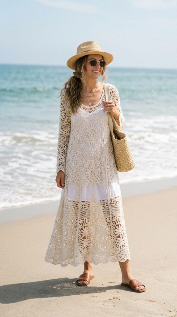 Crochet summer dress over a slip with slides