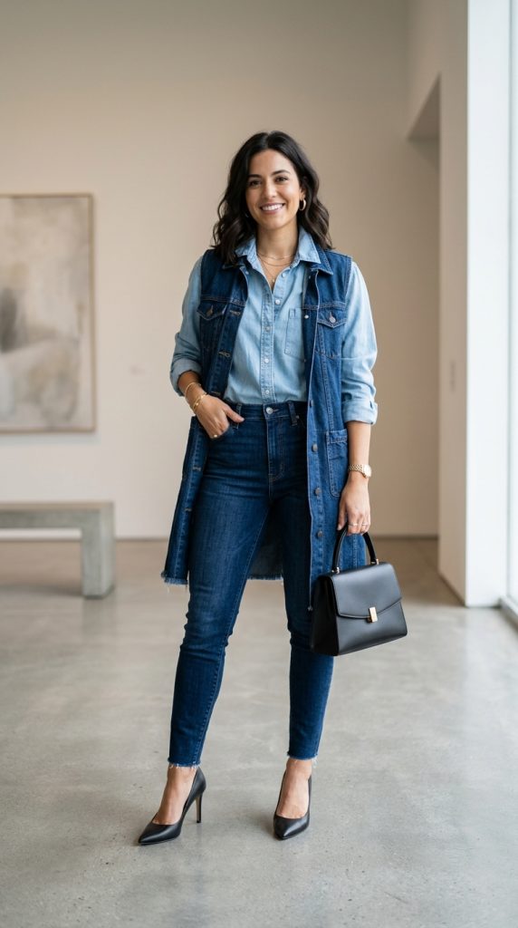  Double denim outfit with a light top and dark jeans
