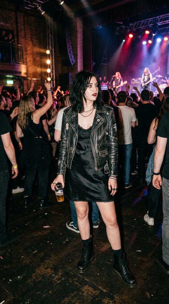 Slip dress with a leather jacket for a rock concert