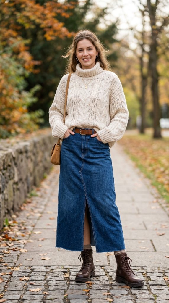 Denim maxi skirt with an oversized jumper