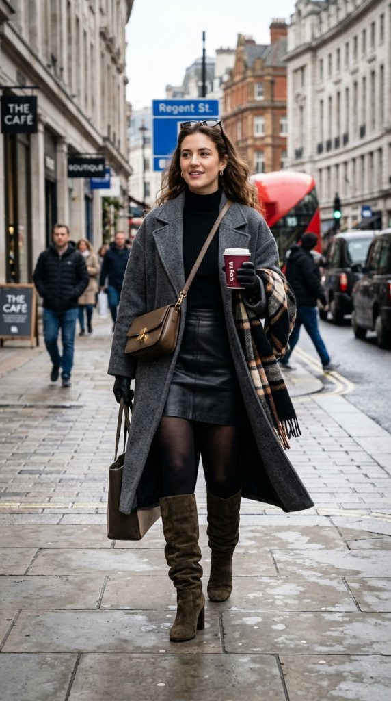 Slouchy knee-high boots with a mini skirt and tights