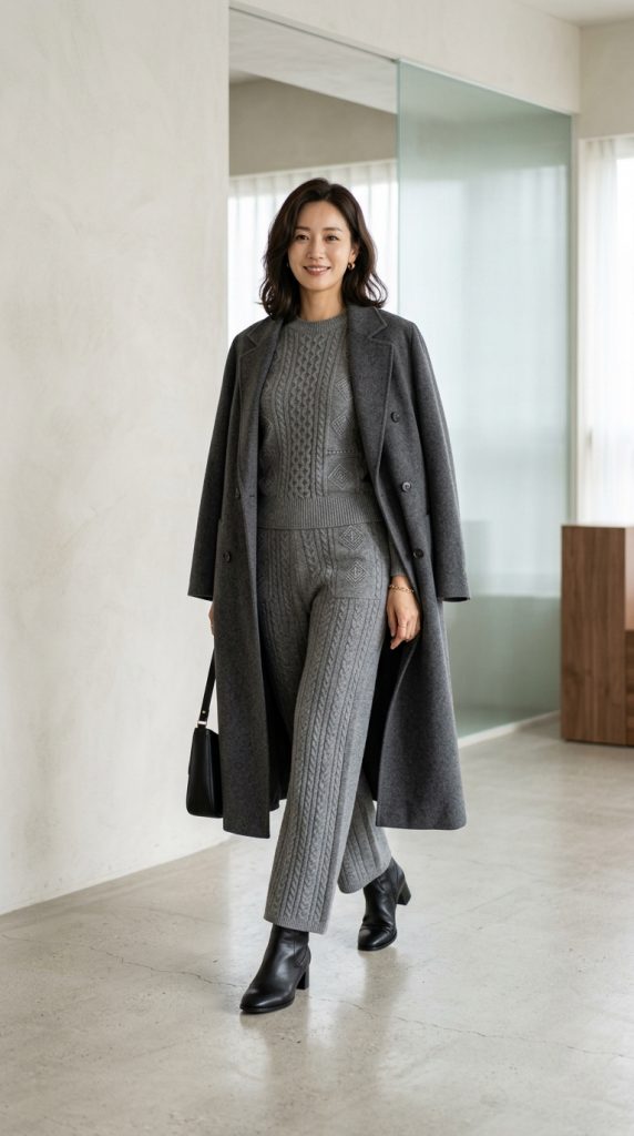 Matching grey knit set with a long coat