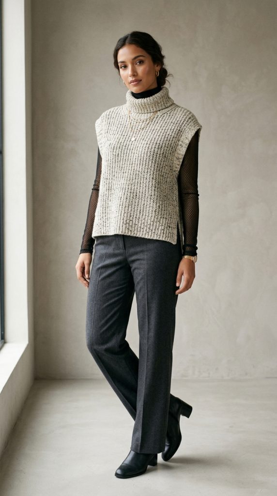 Sheer mesh top layered under a knit vest