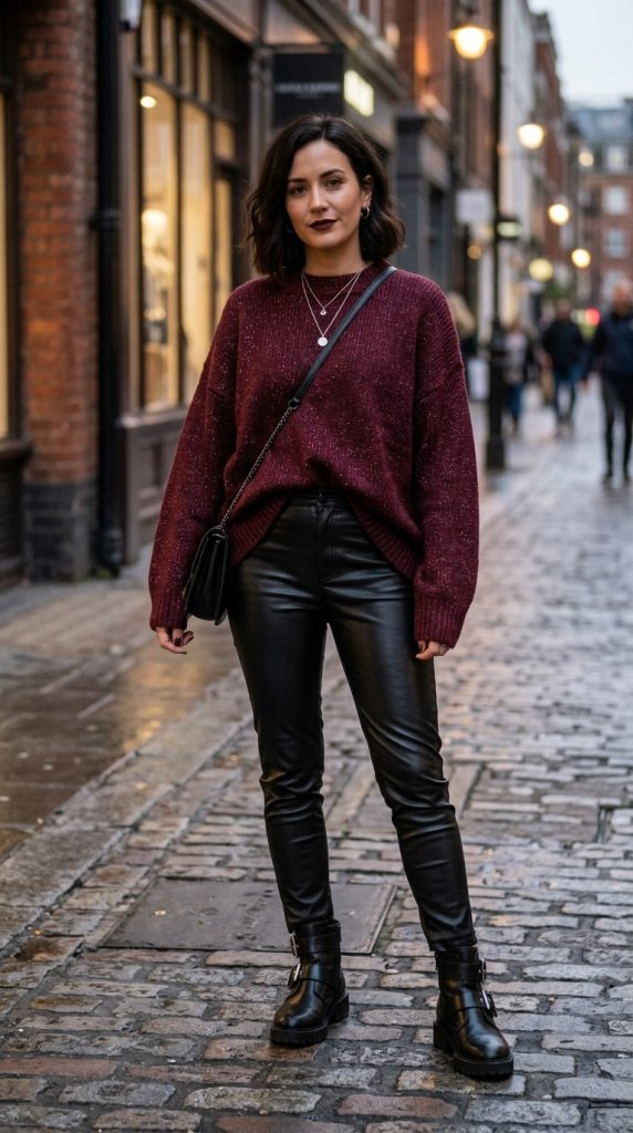 Leather trousers with an oversized knit jumper