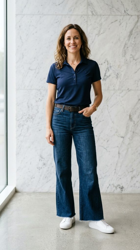 Golf polo styled with wide-leg jeans off the course