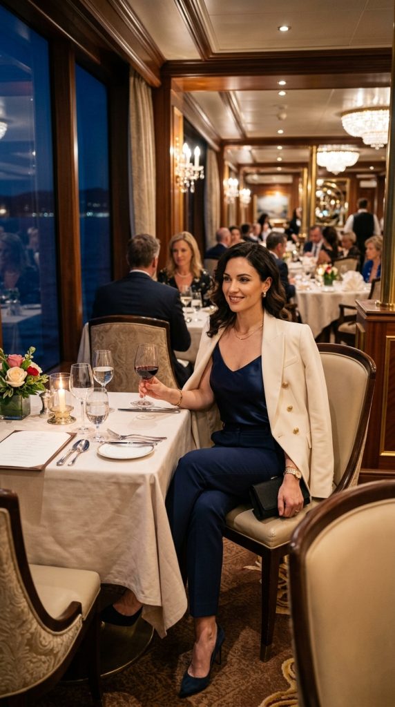 Silk camisole with a blazer for cruise dinner