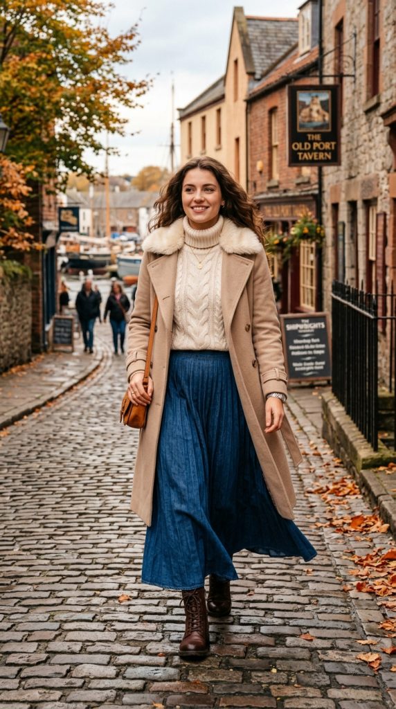 Chunky knit with a denim maxi skirt in port