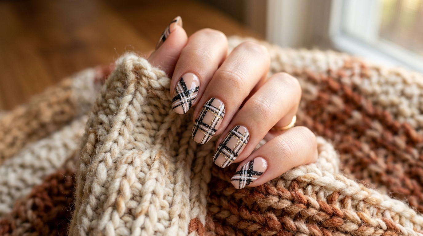 Classic tartan plaid nails on a knitted blanket