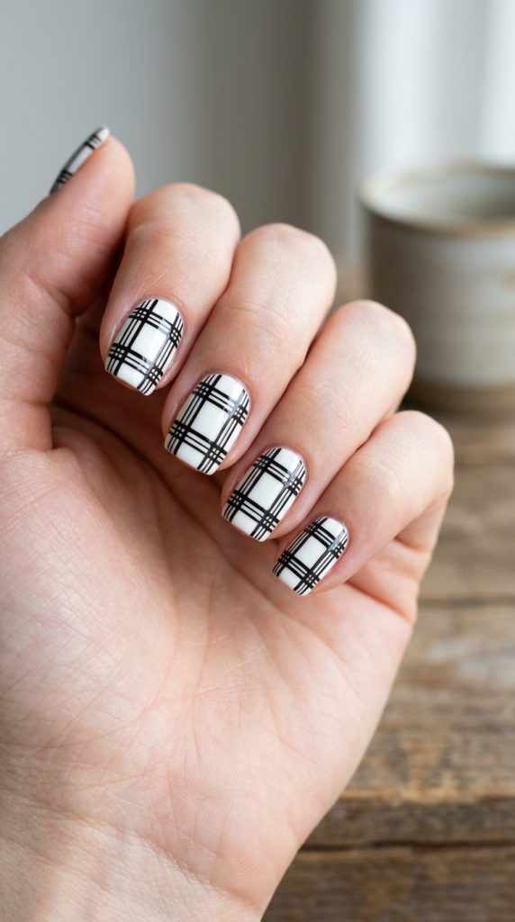 Black and white grid plaid nails