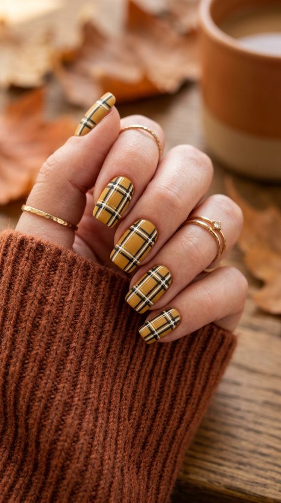 Mustard and black vintage plaid nails