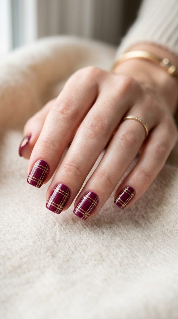 Berry and dusty pink plaid nails