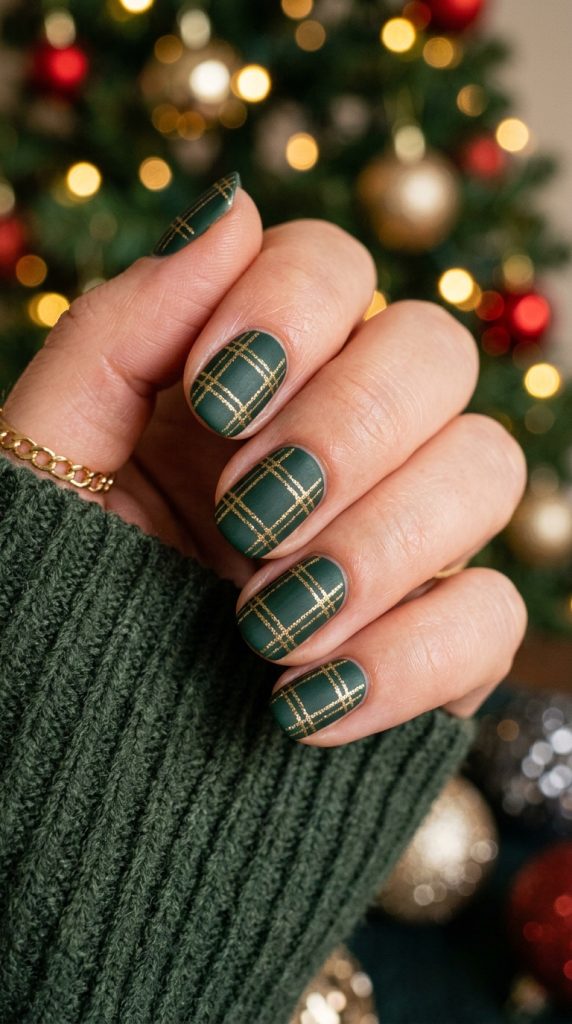 Matte forest green plaid nails with a gold line