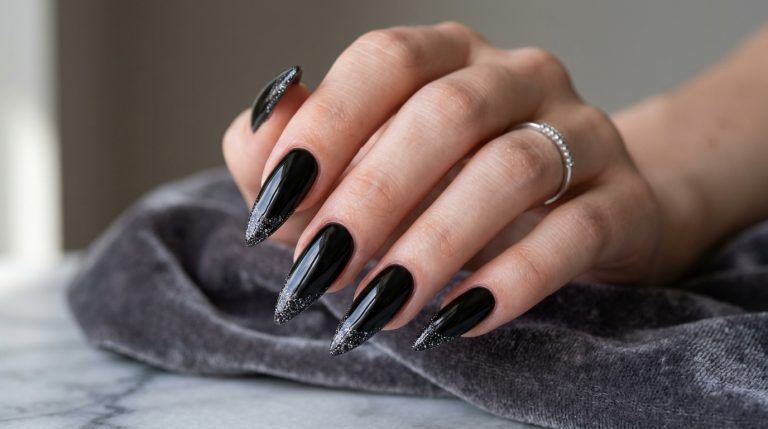 black stiletto nails on sharp tapered nails