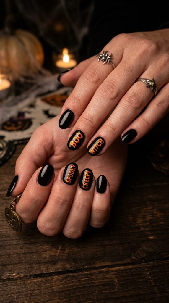 Glowing spooky lettering Oogie Boogie Nails