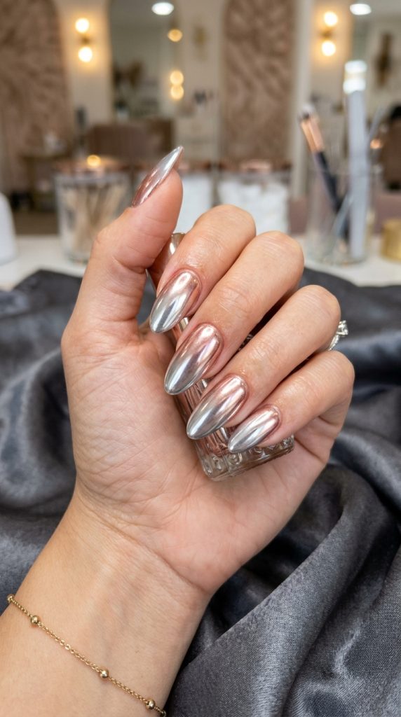 Silver to rose gold chrome ombre nails