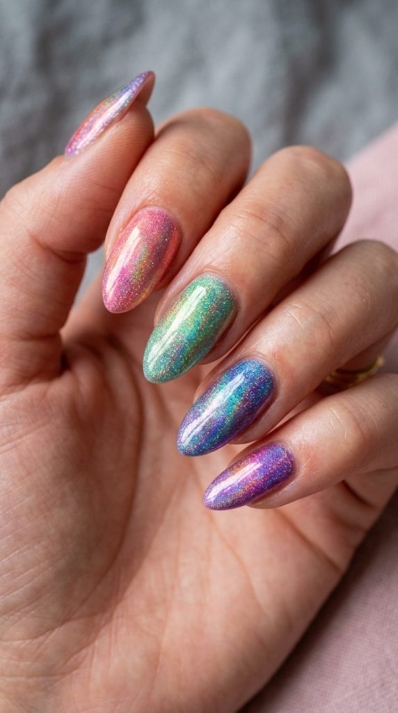 Holographic rainbow dip nails with iridescent color-shifting effect