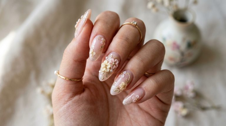 Sculpted 3D rose nails on a nude base