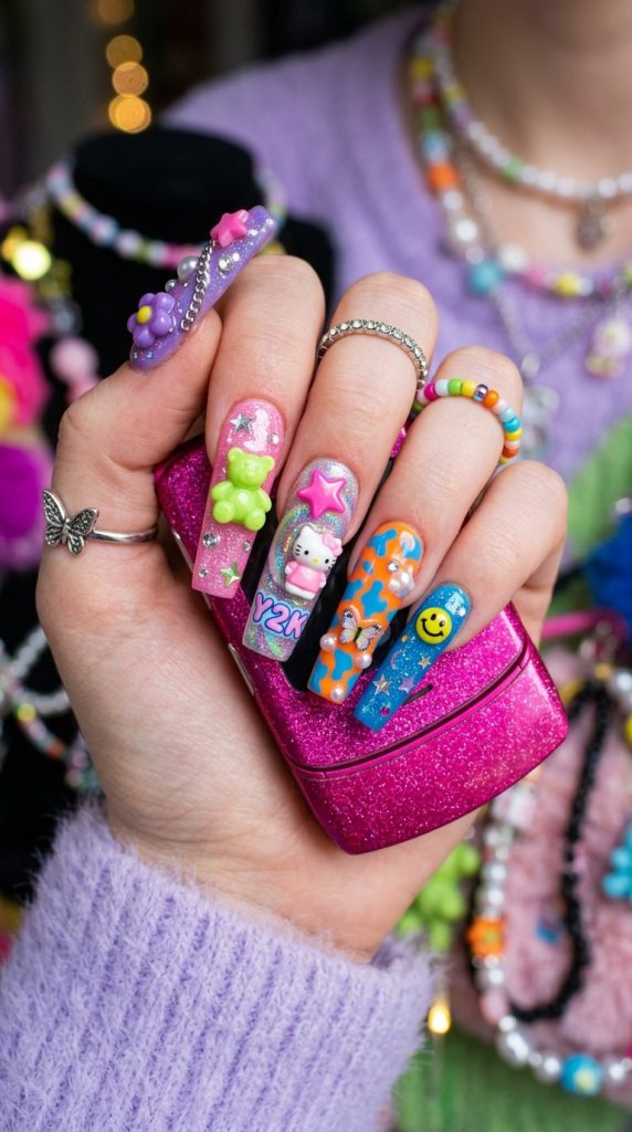 Maximalist Y2K junk nails with charms and glitter