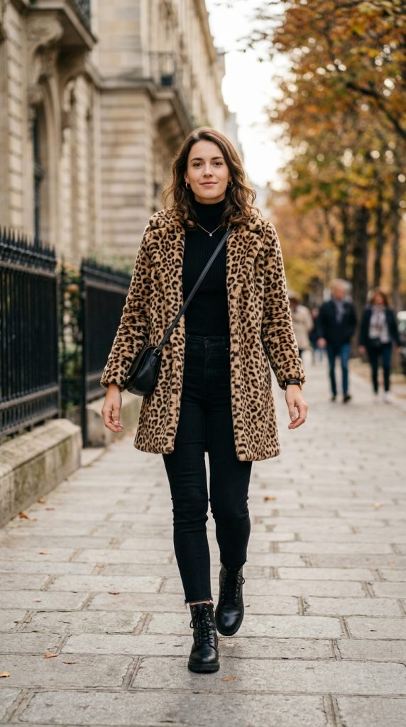 Leopard print coat with an all-black everyday outfits 2026-27