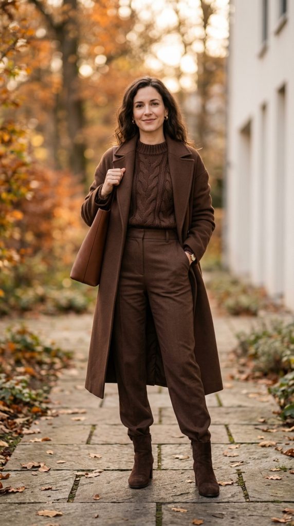 Head-to-toe chocolate brown winter outfit