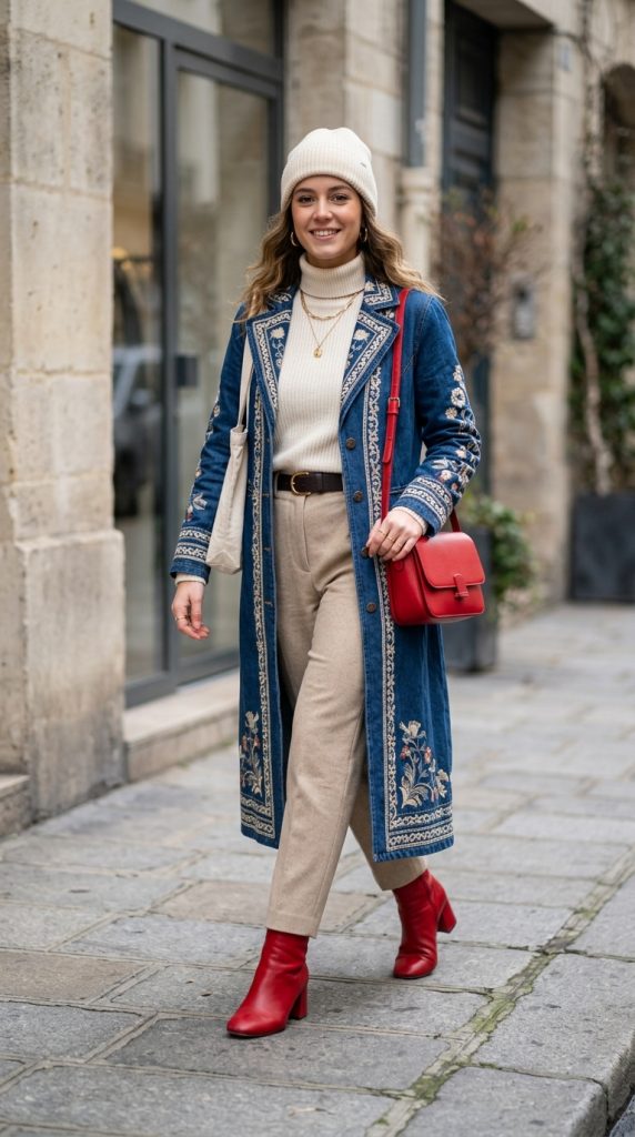 Neutral outfit with cherry red boots and bag
