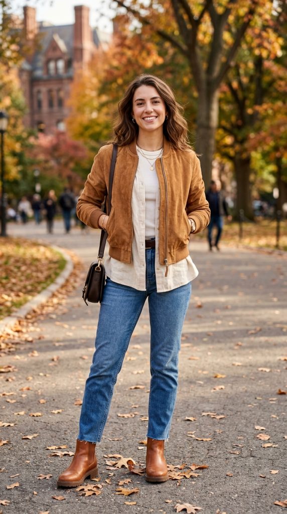  Tan suede bomber jacket with straight jeans