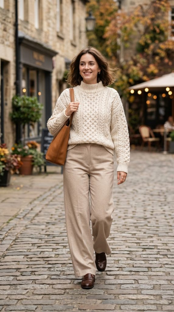 Cream fisherman knit with wide-leg trousers