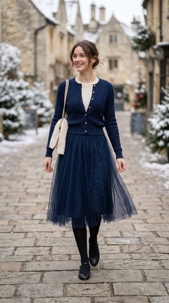  Ballet flats with tights and a midi skirt