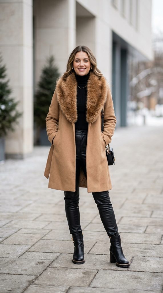 Faux fur collar coat with leather trousers