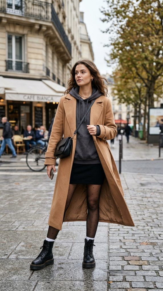 Hoodie layered under a long coat 