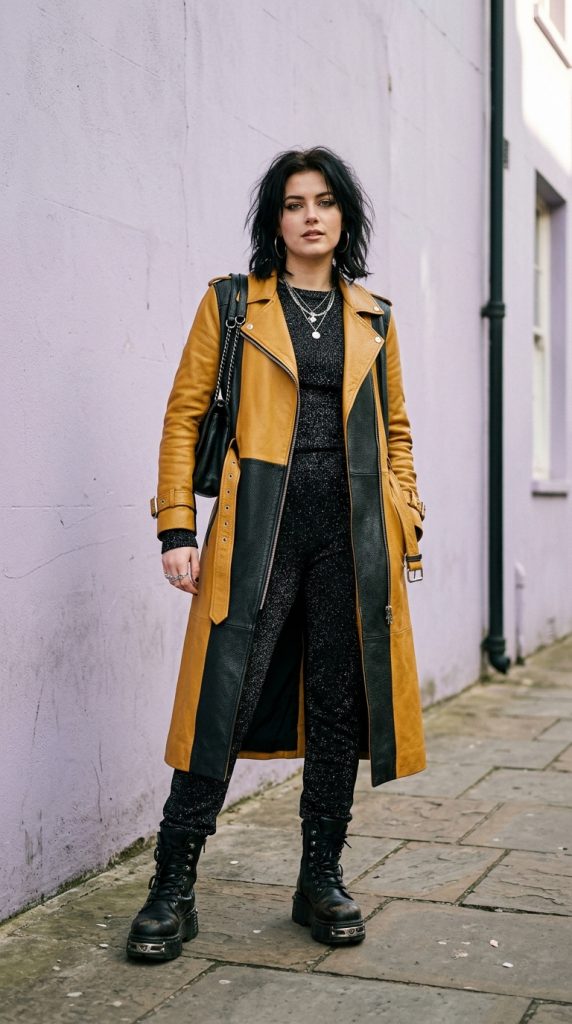 Leather trench coat over an all-black outfit