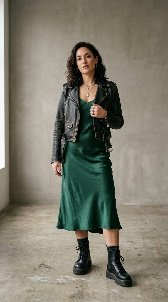 Slip dress with a leather moto jacket and boots