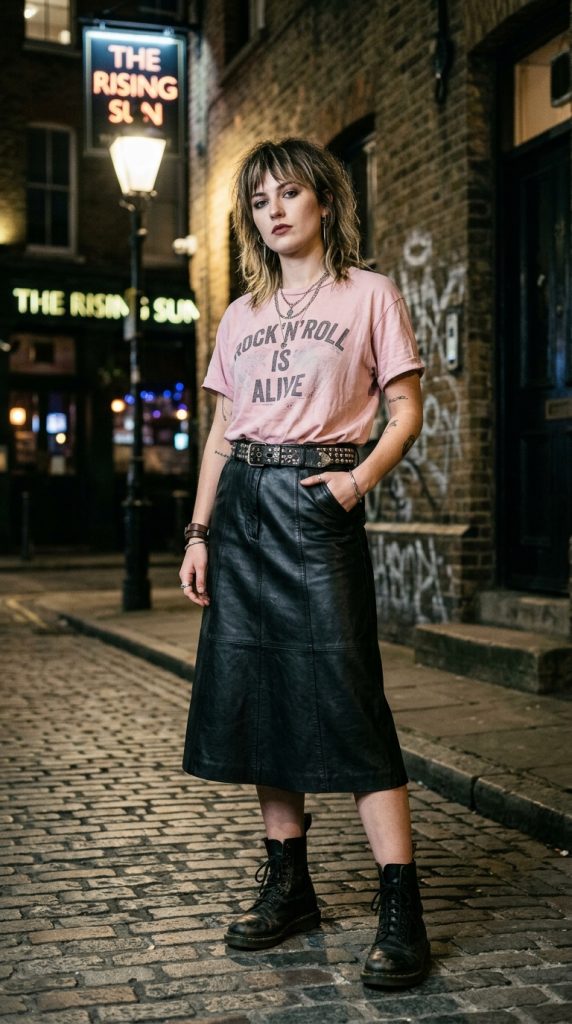  Leather midi skirt with a graphic tee and belt