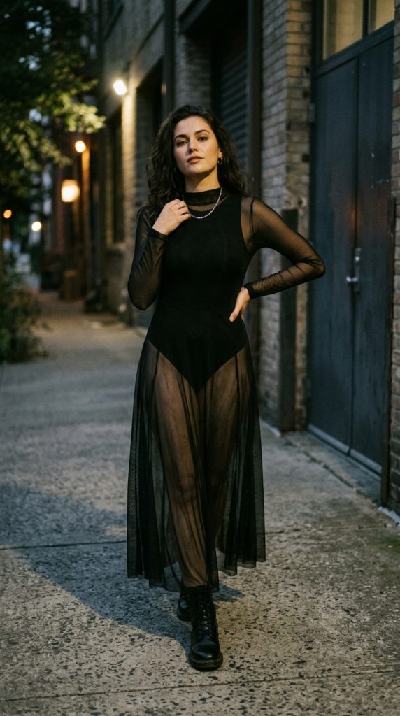 Sheer mesh maxi dress over a black bodysuit