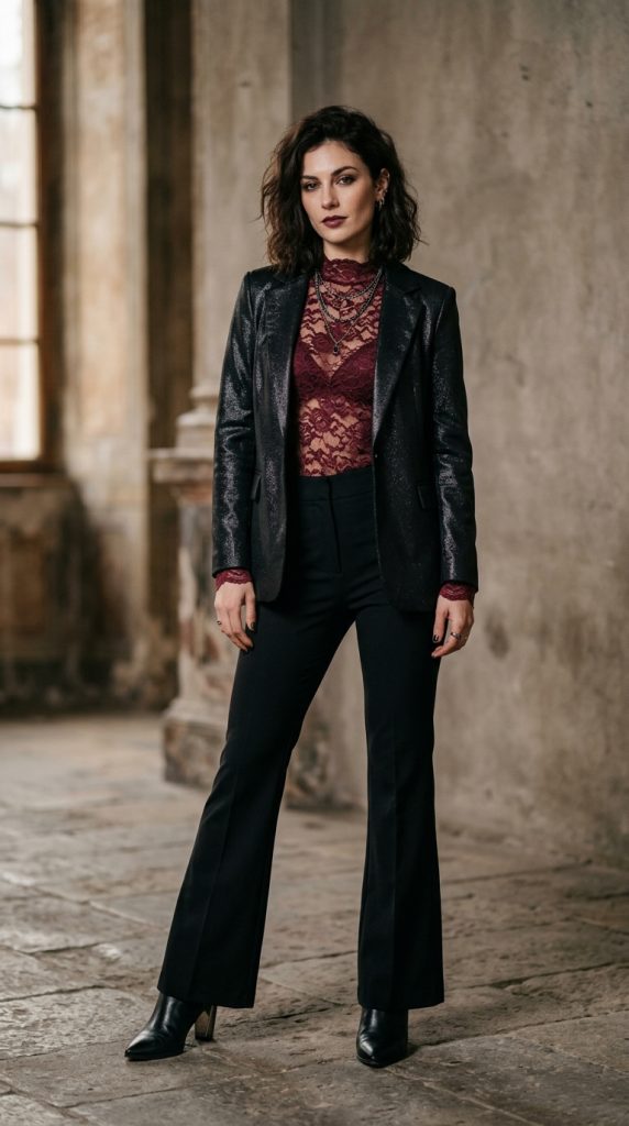 Burgundy lace top under a leather blazer