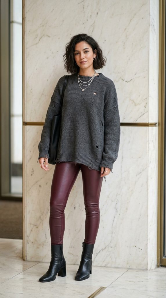 Distressed knit jumper with leather leggings