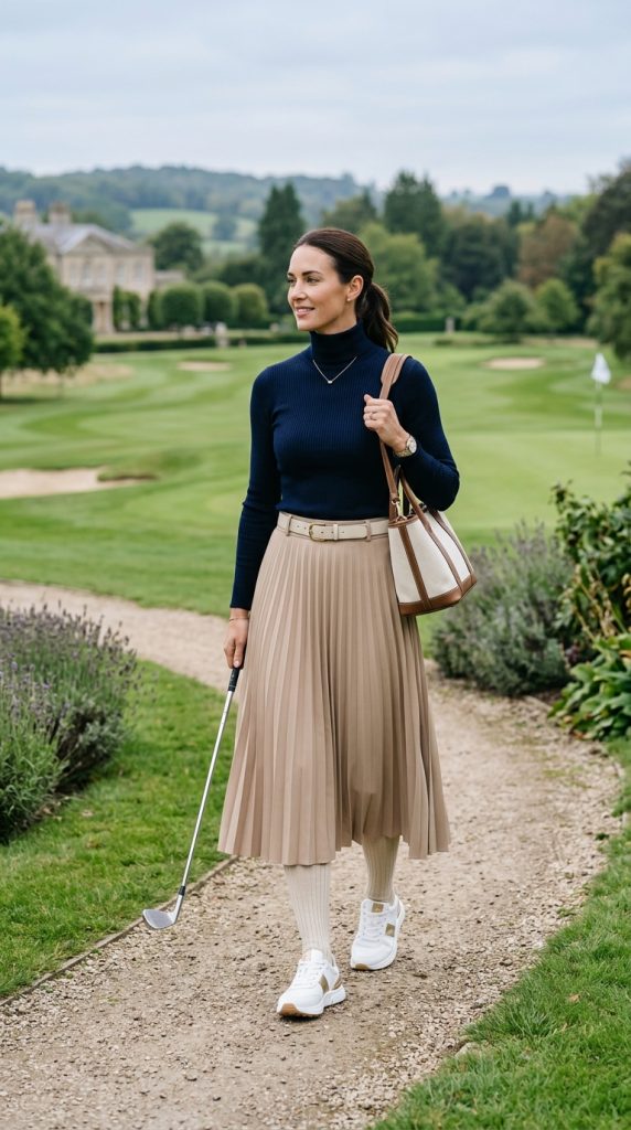 Turtleneck with a pleated midi skirt for golf