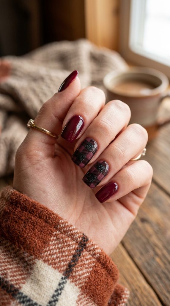 Burgundy and black buffalo check nails