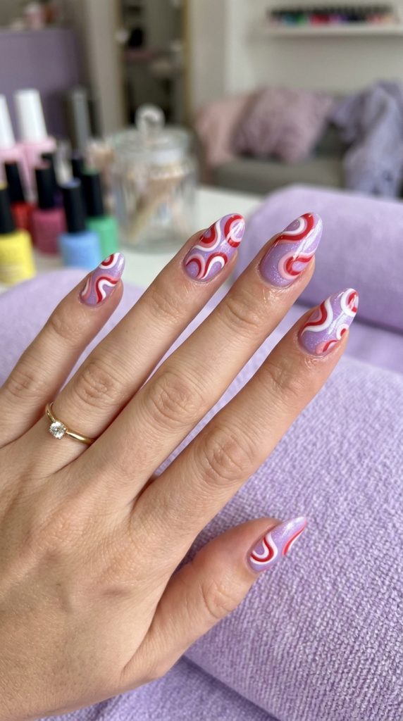 Red and white retro swirl nails